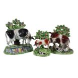 A Staffordshire pearlware bocage model of a black and white horned cow