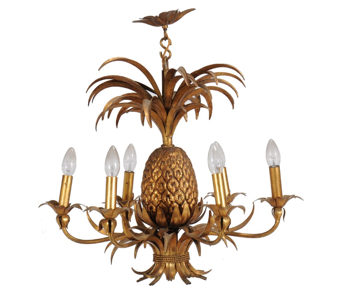 An Italian gilt metal six light chandelier in the form of a pineapple