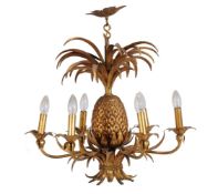 An Italian gilt metal six light chandelier in the form of a pineapple