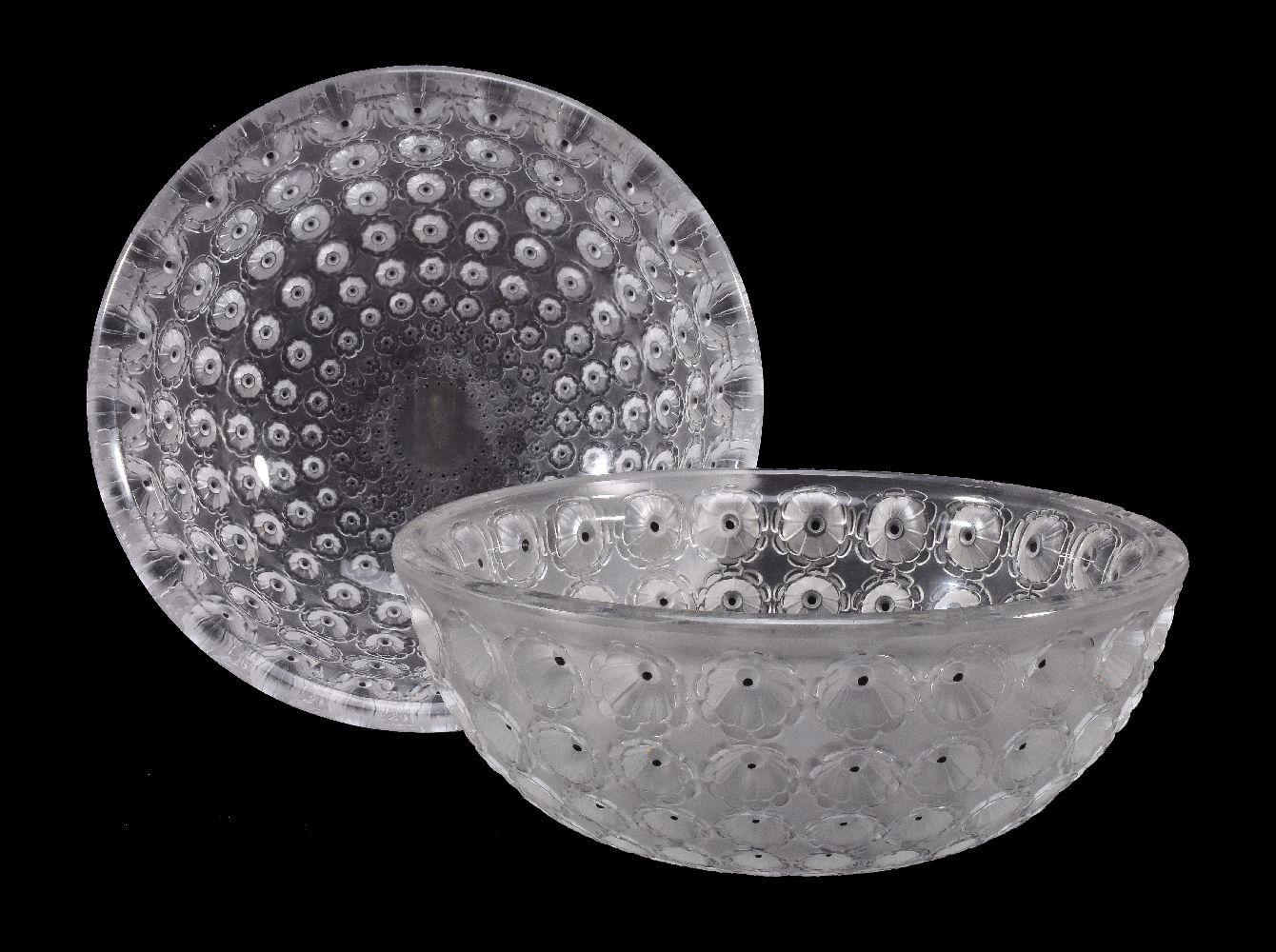 Lalique, Cristal Lalique, Nemours, a pair of clear, frosted and black enamelled glass bowls
