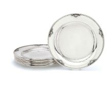 Georg Jensen, a set of ten Danish silver Acorn pattern dinner plates