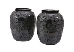 Lalique, Cristal Lalique, Biches, a pair of black glass ovoid vases