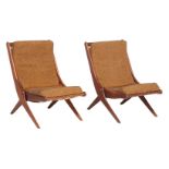 Reyway, a pair of Scimitar teak folding lounge chairs