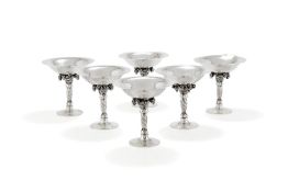 Georg Jensen, six Danish silver Grape pattern small pedestal bowls