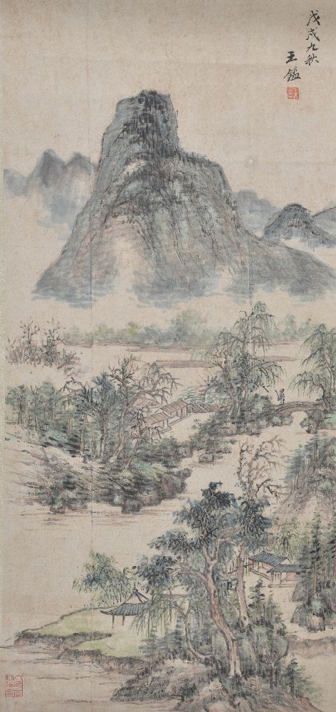 A Chinese scroll painting of landscape