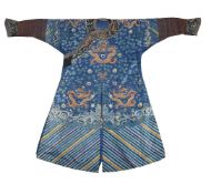 A Chinese gold work blue silk Mandarin's Dragon robe