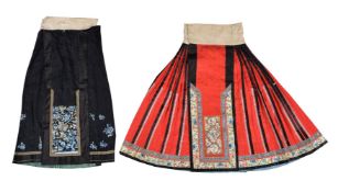 A Chinese Han lady's red silk damask pleated skirt