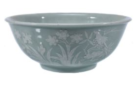 A Chinese celadon-ground white-slip decorated 'Bird' bowl