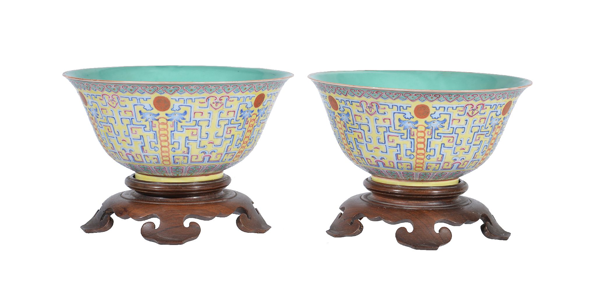 A pair of Chinese yellow-ground 'Kui Dragon' bowls