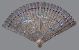 A Chinese silver coloured metal filigree and enamel fan