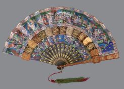 ϒ A Chinese multi-coloured lacquered bamboo and painted 'cabriolet' fan
