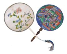 A Chinese embroidered circular 'Pien Mien' Mandarin hand screen and a Chinese gold-ground painted an