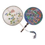 A Chinese embroidered circular 'Pien Mien' Mandarin hand screen and a Chinese gold-ground painted an