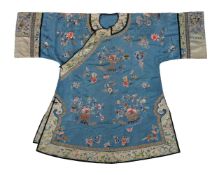 A Chinese embroidered blue satin woman's side opening informal coat