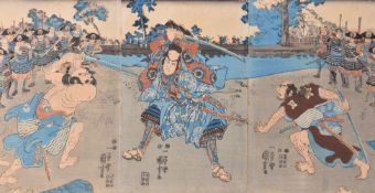 Ichiyusai Kuniyoshi (1798-1861): A woodblock printed triptych of two brigands attacking a samurai on