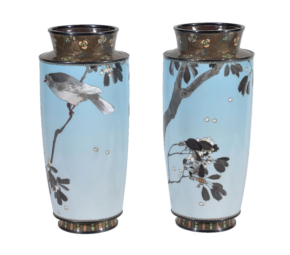 Manner of Namikawa Sosuke: A Pair of Silver Wire Cloisonné Enamel Vases - Image 2 of 4