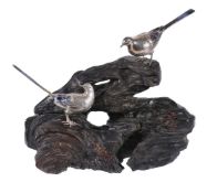 A Japanese Silver and Enamel Group of Two Wagtails