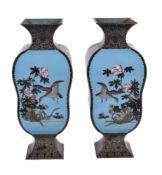 A Pair of Japanese Silver Wire Cloisonné Enamel Vases each of a square-section ogee form on a splaye