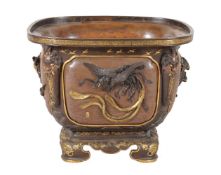 Miya-O Eisuke: A Parcel Gilt Bonze Jardinière of square section raised on a shaped base with ruyi-he