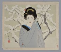 Shimura Tatsumi (1907-1980): A Woodblock Print Snow depicting a bijin standing before the snow cover