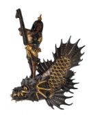 Miya-O Eisuke: A Parcel Gilt Bronze Group of a figure standing on the head of a large dragon-fish