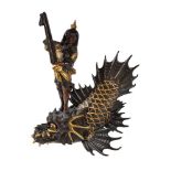 Miya-O Eisuke: A Parcel Gilt Bronze Group of a figure standing on the head of a large dragon-fish