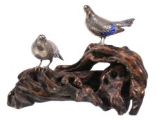 A Japanese Group of Two Silver and Enamel Pigeons