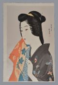 Goyo Hashiguchi (1880-1921): A Woodblock Print in inks and colour on paper Tenugui Moteru Onna (Wom