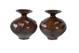 Miyabe Atsuyoshi: A Pair of Japanese Bronze Inlaid Vases