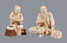 ϒ A Japanese ivory and wood Okimono of a street vendor