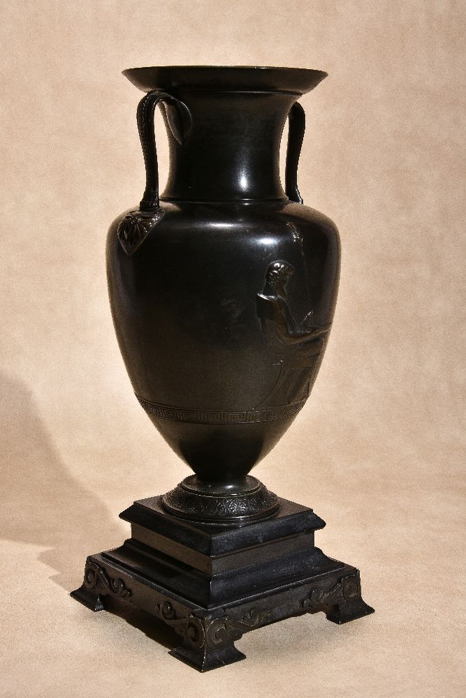 A pair of Continental patinated bronze and marble mounted twin handled urns in Neoclassical taste - Image 2 of 5