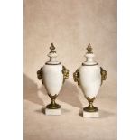 A pair of French white marble and gilt bronze mounted urns in Neoclassical style
