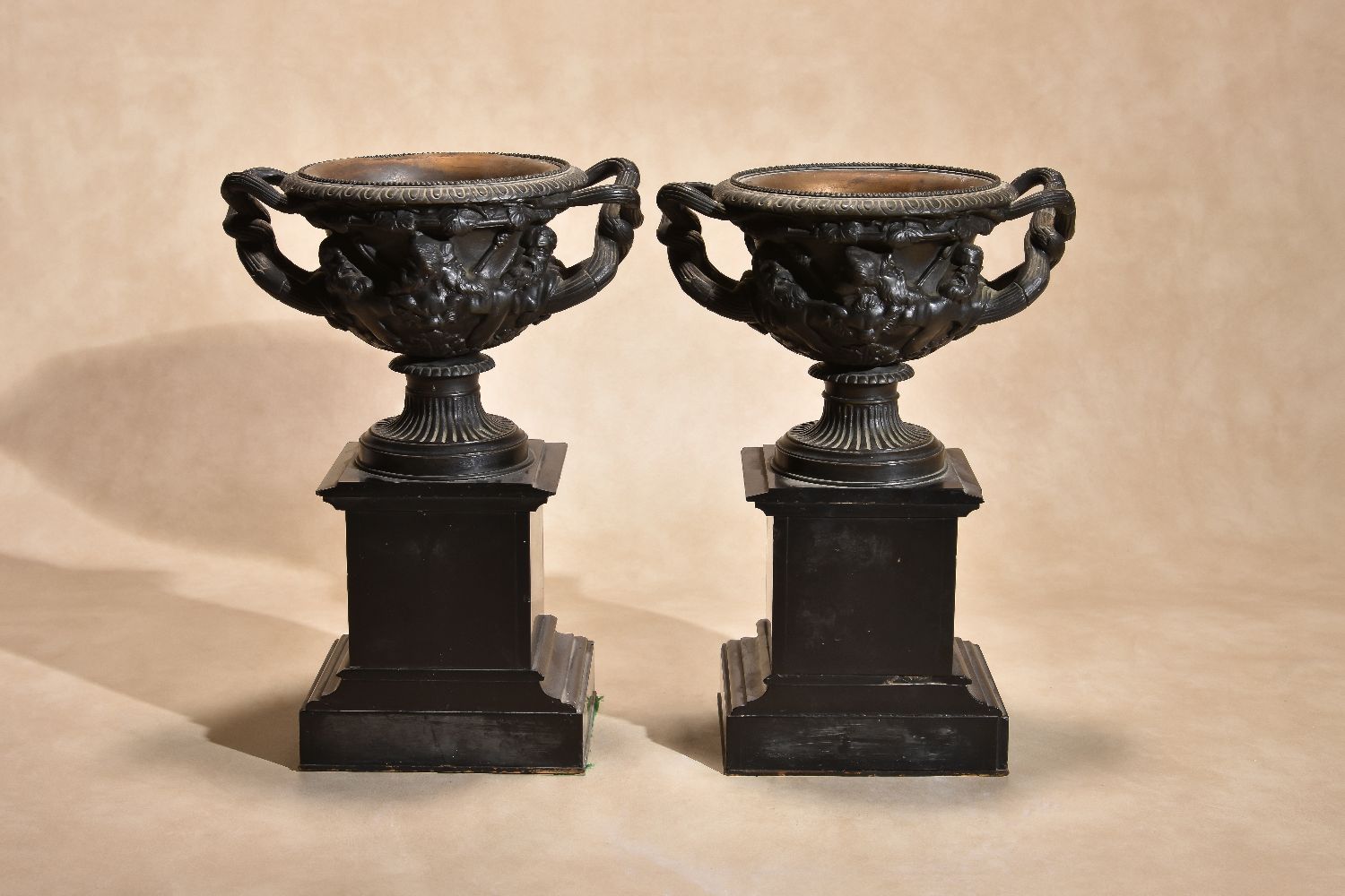 A pair of Continental patinated bronze models after the Warwick Vase - Image 2 of 6