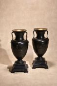 A pair of Continental patinated bronze and marble mounted twin handled urns in Neoclassical taste