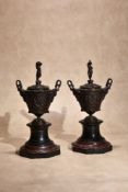 A pair of French patinated bronze and marble mounted twin handled urns and covers