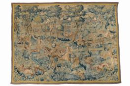 A Flemish woven tapestry depicting a hunting scene with falconry