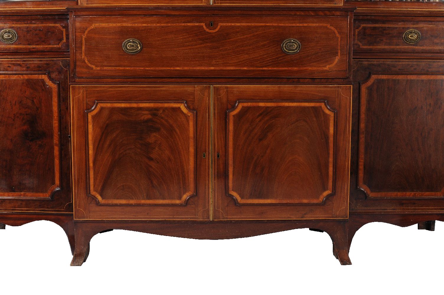 A George III 'plum pudding' mahogany and satinwood banded breakfront secretaire library bookcase - Image 3 of 5