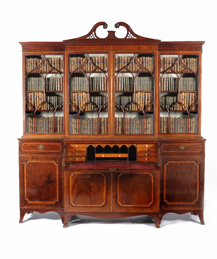 A George III 'plum pudding' mahogany and satinwood banded breakfront secretaire library bookcase - Image 2 of 5
