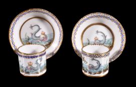 A pair of Sevres soft-paste porcelain royal commemorative small cups and saucers (gobolets 'litron'