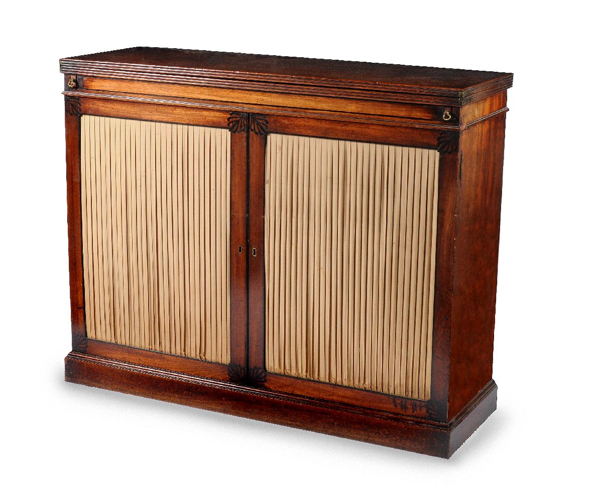 ϒ A pair of George III mahogany and ebony marquetry inlaid side cabinets