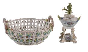 A Meissen (punkt) incense burner and cover and a basket