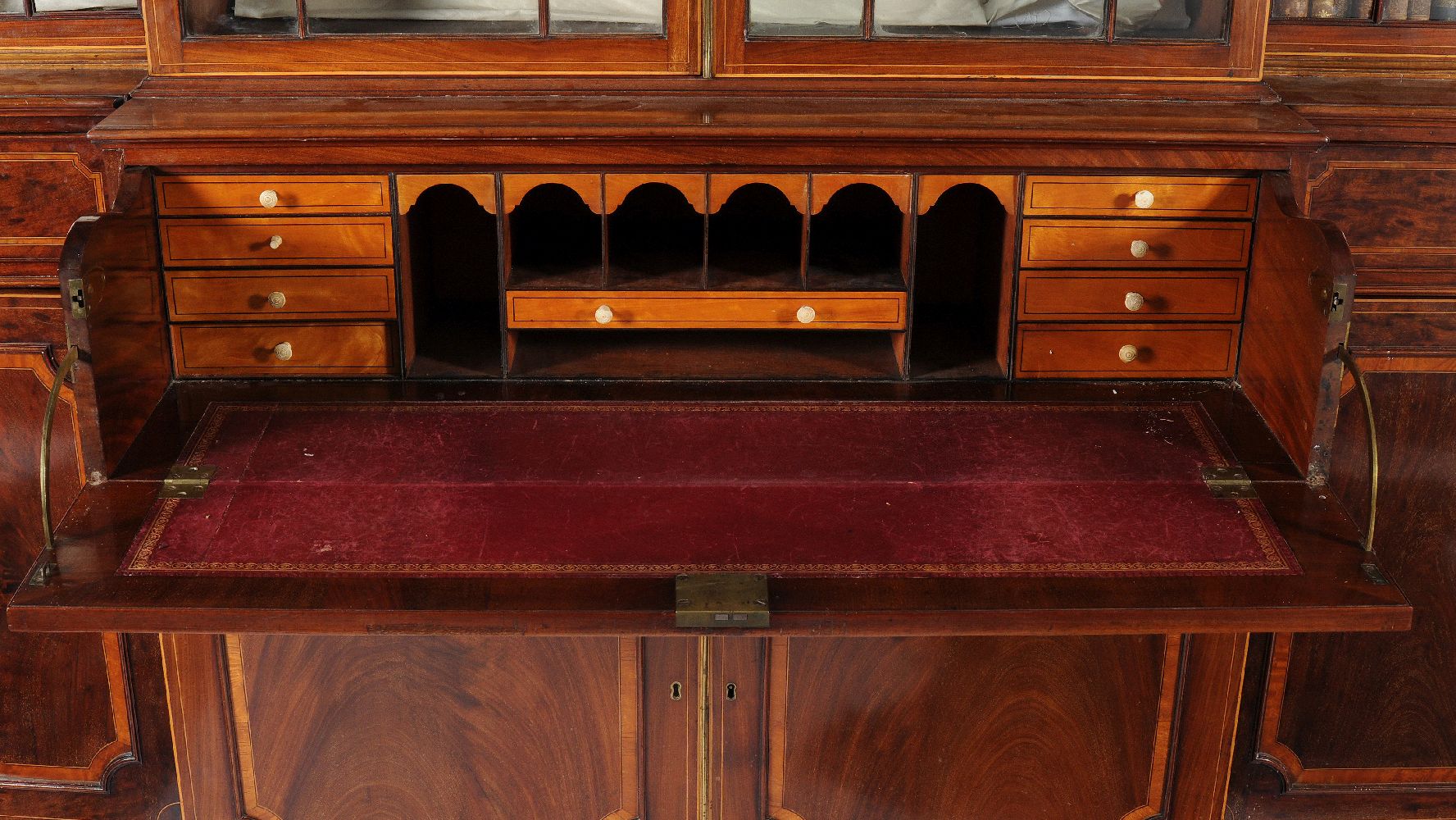 A George III 'plum pudding' mahogany and satinwood banded breakfront secretaire library bookcase - Image 5 of 5
