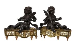 A pair of French patinated and parcel gilt bronze figural chenets in Louis XVI style