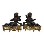 A pair of French patinated and parcel gilt bronze figural chenets in Louis XVI style