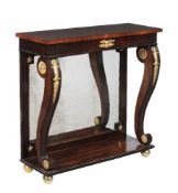 ϒ A pair of simulated rosewood, rosewood and gilt metal mounted console tables, in Regency style