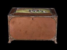 A Gorham & Co. 'Athenic' spot-hammered copper and silver mounted cigar box and hinged cover