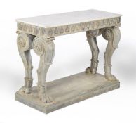 A pair of simulated Coade stone and brass mounted console tables