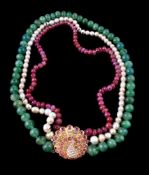 A pearl, cultured pearl, and emerald bead necklace