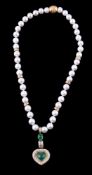 A cultured pearl, emerald and diamond necklace