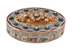 A Continental gold, enamel and diamond set oval snuff box